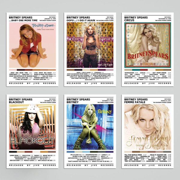 Britney Spears Album Cover HD Print Music Posters Set of 6 Music Album Poster Cover Posters Room Unframed Canvas Wall Art for Girl and Boy Teens Dorm Decor Room Decor for Teen Girl Room Hip Hop Singer Wall Decor Pop